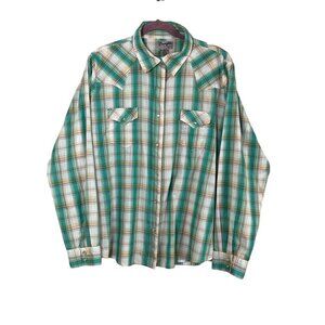 Wrangler Top Women 3X Green Collar Neck Pearl Metal Snap Plaid Western Rodeo 80s